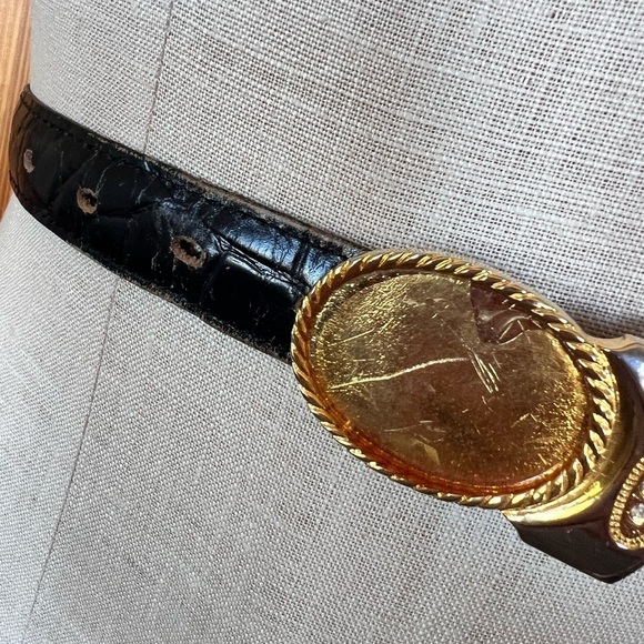 Vintage Gator Cowhide Black Textured Belt Gold Hardware Rhinestones main image 7
